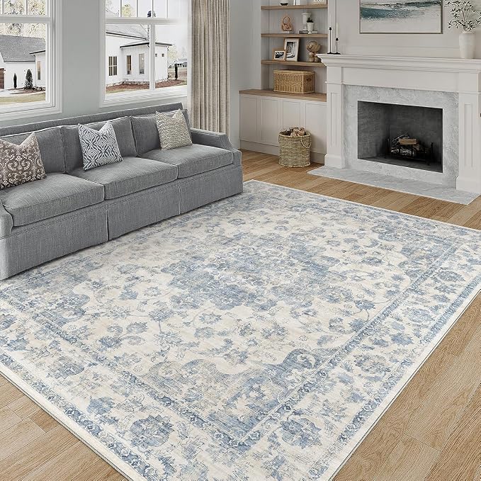 12x15 Neutral Area Rug Blue Vintage Living Room Bedroom Washable Carpet - Image 3