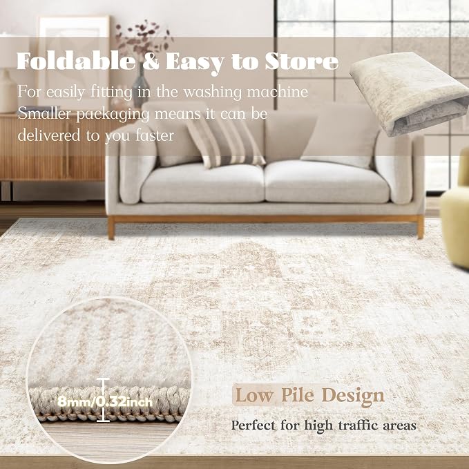 Area Rug 8x10 Washable Rug, Vintage Boho Medallion Rugs Non-Slip Soft Low Pile - Image 7
