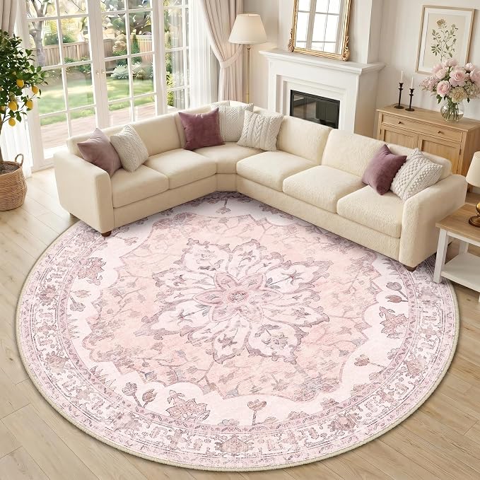 RELEANY Area Rugs Round 10ft Washable Non-Slip, Floral Vintage Distress by RELEANY
