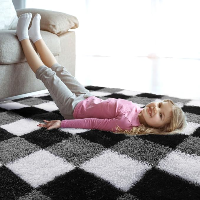 KICMOR Living Room Rugs 5x8, Fluffy Shag Fuzzy Plush Black White Grey Checkered - Image 7
