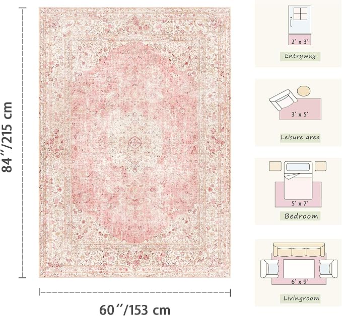 Latte&Fog Vintage Pink Area Rugs 4x6, Washable Cute Small Rugs - Image 2