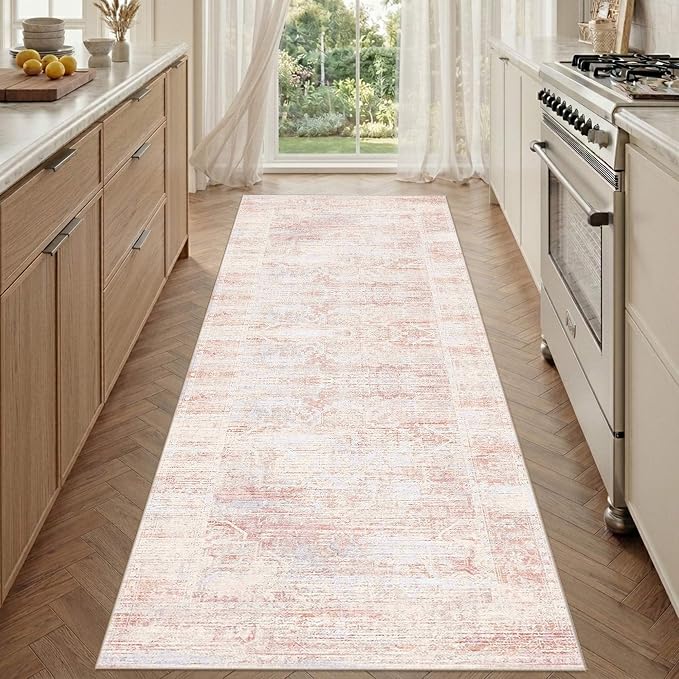 Latte&Fog Pink Washable Kitchen Runner Rug 2.6x8, Non Slip Low Pile Vintage Rugs by LatteFog