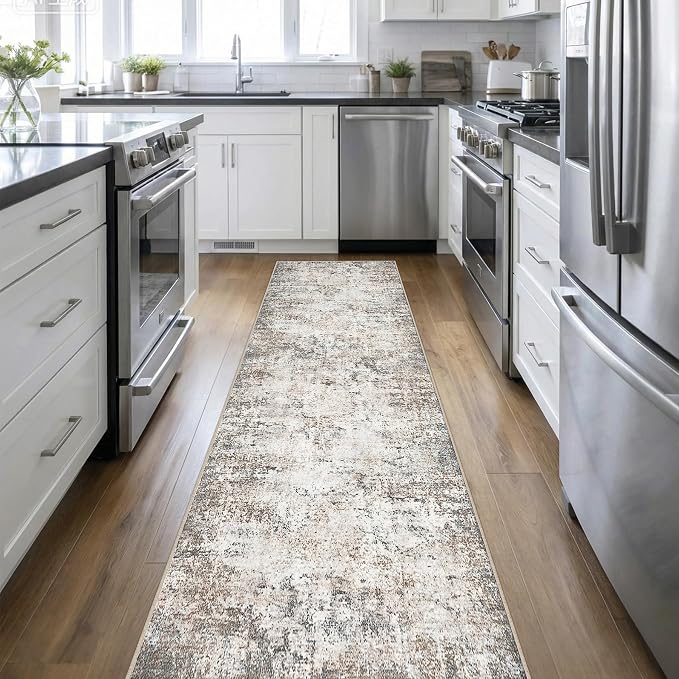 2.6'x14' Runner Rug Washable Rug: Modern Abstract Soft Thin Runner Rug Brown - Image 2