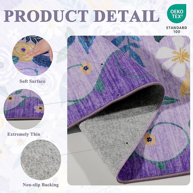 DUKINO 4x6 Area Rug, Lightweight Non Slip Washable Floral Rug, Indoor Low Pile - Image 4