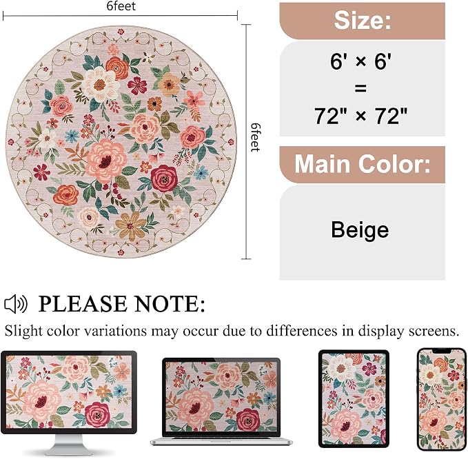 DUKINO Floral Round Rug, 6ft Washable Circle Rug, Non Slip Indoor Low Pile - Image 2