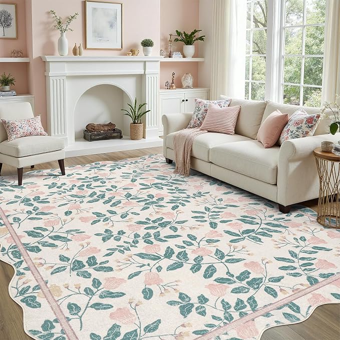 DCX Pink Botanical 5x7 Rug, Machine Washable Non Slip Stain Resistant Carpet - Image 2
