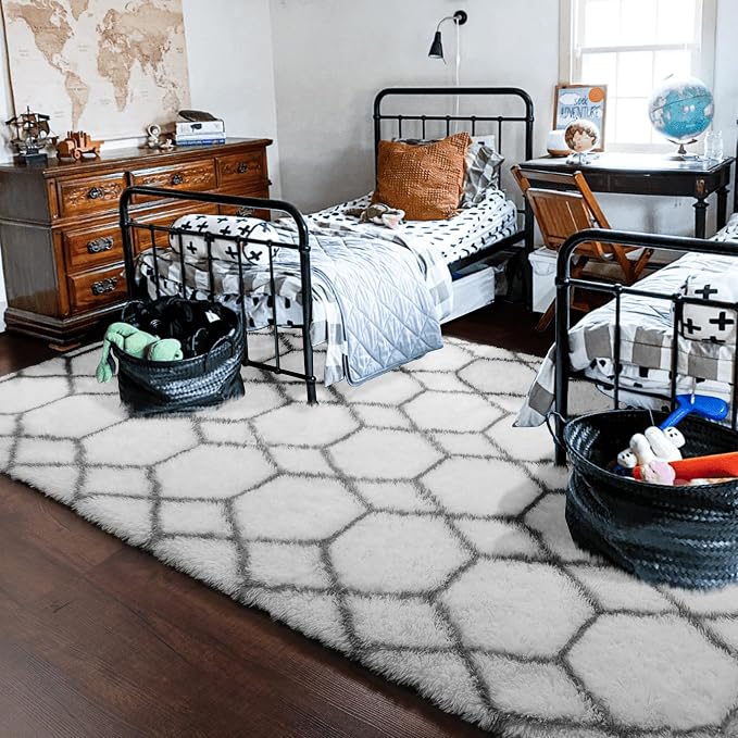 ONASAR 7x9 Area Rugs for Living Room Bedroom, Large Fluffy White and Grey Throw - Image 8