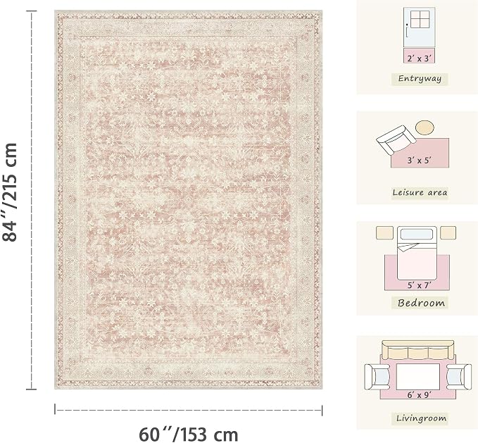 Latte&Fog 8x10 Pink Rugs for Living Room, Washeble Vintage Rugs for Girls - Image 2