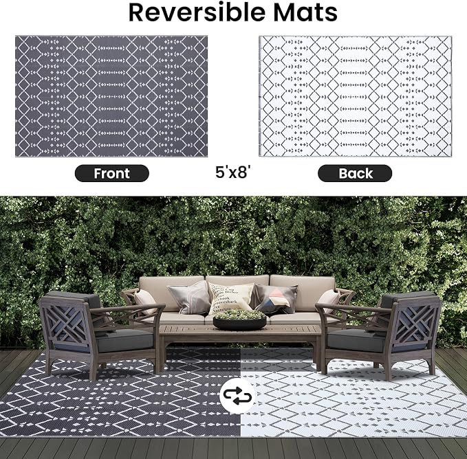 Smiry Outdoor Rug 5x8 ft, Waterproof Reversible Plastic Straw Rugs, Boho - Image 3