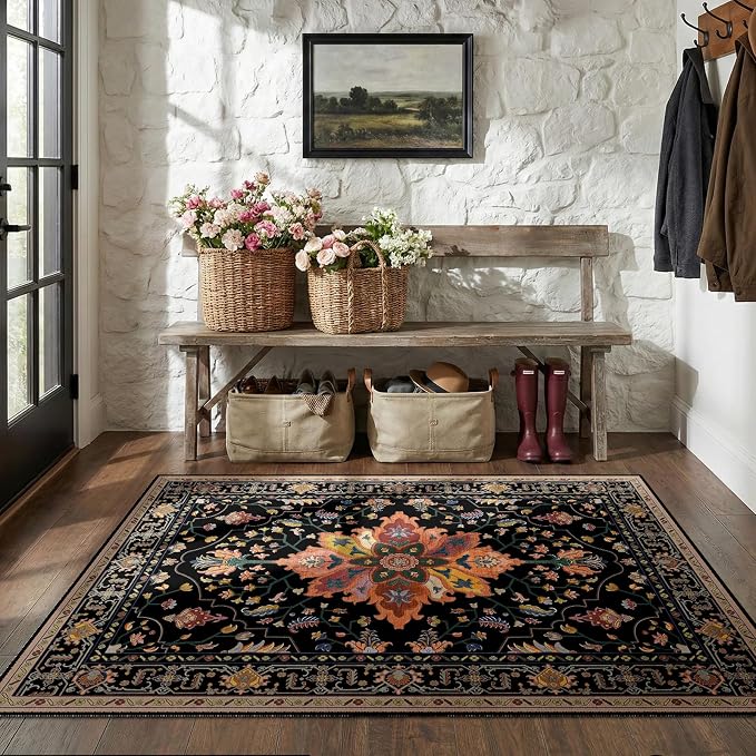 RELEANY Area Rugs 4'x6' Washable Non-Slip, Floral Vintage Distress Medallion - Image 2