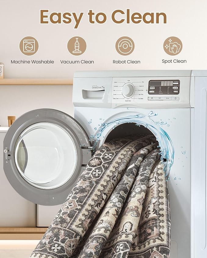 9x12 Vintage Area Rug: Washable Neutral Soft Non Slip Thin Large Floor Carpet - Image 4