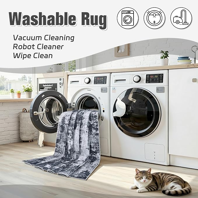 10x14 Area Rugs for Living Room Washable: Abstract Soft Thin Low Pile Black Rug - Image 2