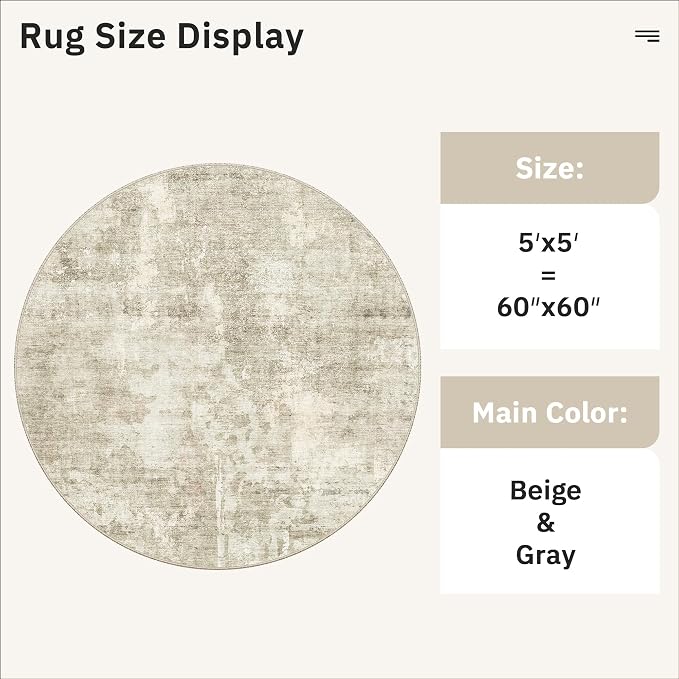 Soalmost 5x5 Beige Gray Round Rug 5ft Living Room Circle Rug Vintage Round Area - Image 5