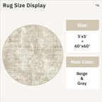 Soalmost 5x5 Beige Gray Round Rug 5ft Living Room Circle Rug Vintage Round Area - Image 5