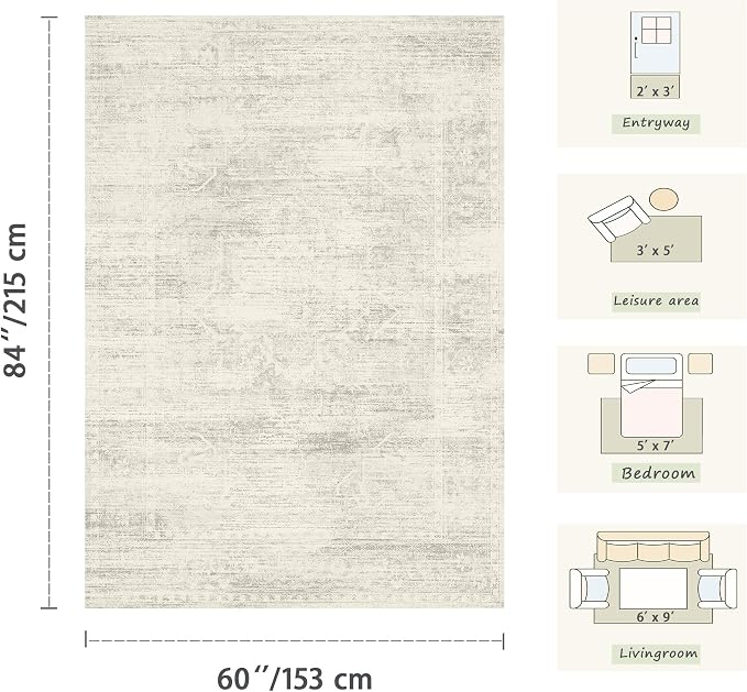 Latte&Fog Ivory 4x6 Area Rug, Vintage Washable Cute Small Rugs - Image 2