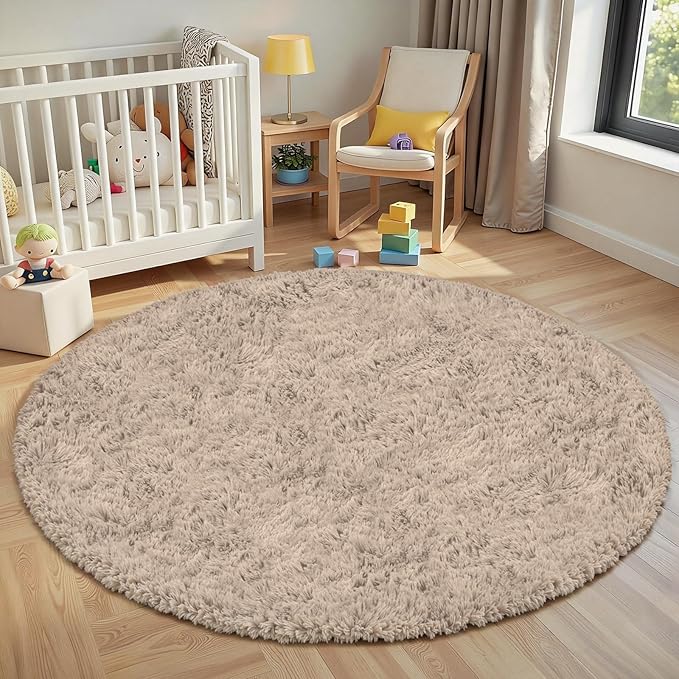 Beige Round Fluffy Rug 5ft, Soft Bedroom Circle Rugs Mats by Unknown