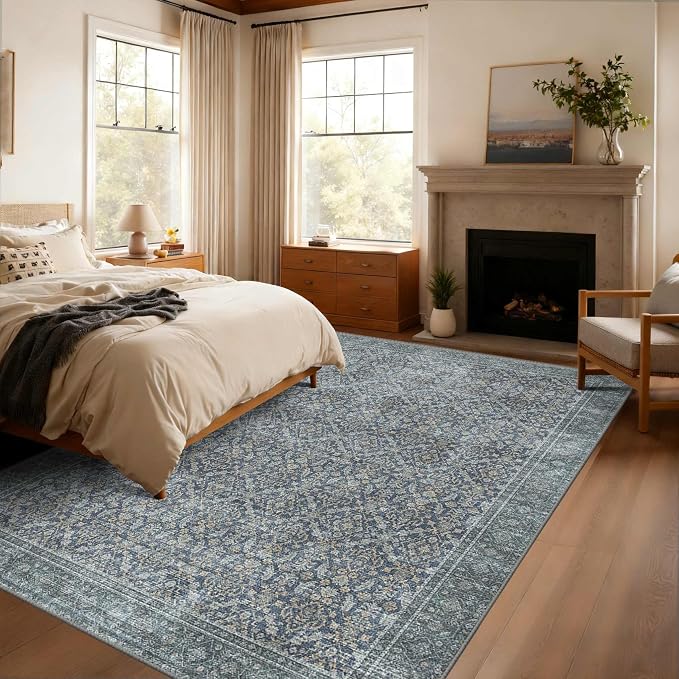 Latte&Fog 5x7 Area Rugs for Living Room, Vintage Blue Washable Rug, Boho Floral - Image 4