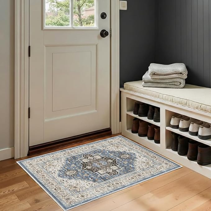 2x3 Rug for Entryway Hallway-Vintage Farmhouse Boho Floral Neutral Washable by Unknown