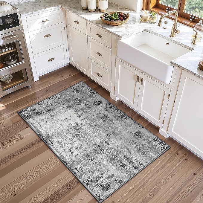 Entrance Rugs Indoor 2x4 Grey Entry Rug Washable Abstract Black Small Area Rug - Image 4