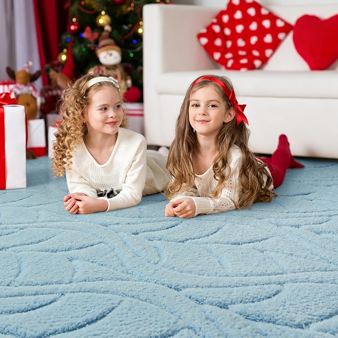 4x6 Blue Washable Area Rug for Bedroom, Leaf Geometric Patter Shag Non-Slip - Image 3