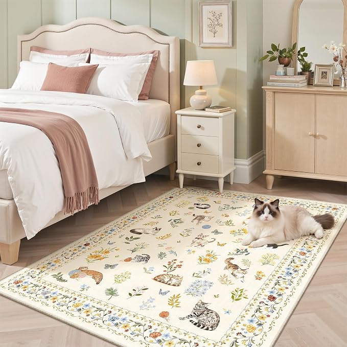Soalmost Cat 4x6 Area Rugs, Machine Washable Animal Floral Accent Rug Non-Slip - Image 4