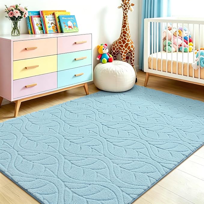 5x7 Blue Washable Area Rug for Bedroom Living Room, Leaf Geometric Patter Shag - Image 5