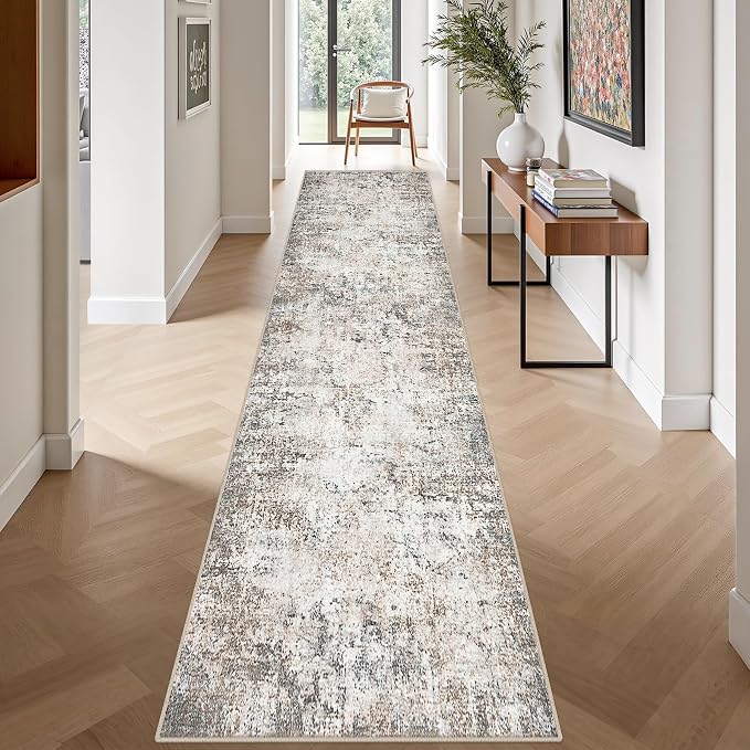 2.6'x14' Runner Rug Washable Rug: Modern Abstract Soft Thin Runner Rug Brown - Image 4
