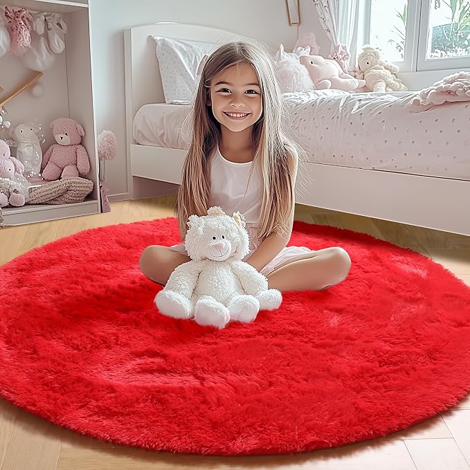 ONASAR Red Round Rugs 5ft for Bedroom Living Room, Fluffy Circle Area Rug for - Image 8