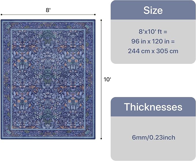 GENIMO 8x10 Washable Area Rug, Non-Slip Vintage Boho Floral Carpet, Large Area - Image 2