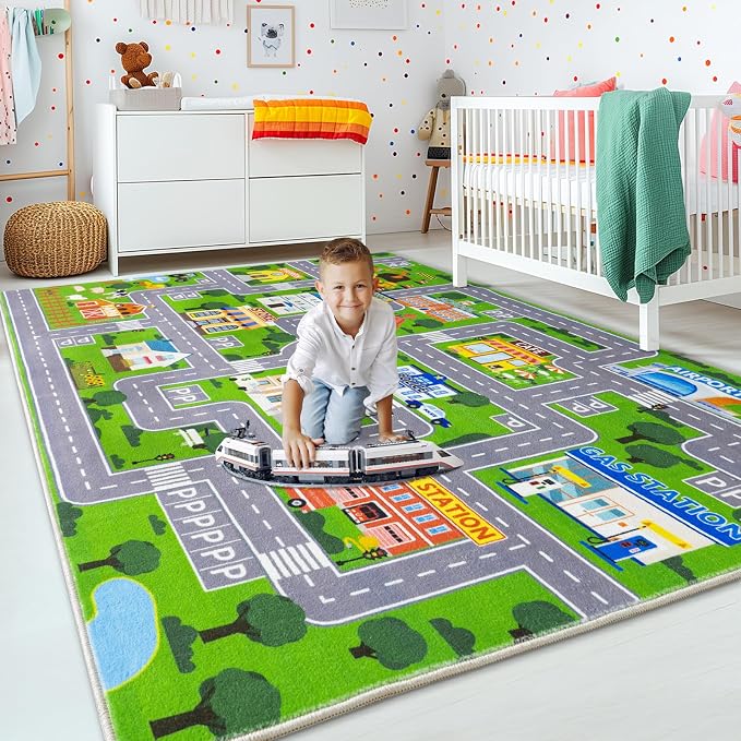 Car Rug Play Mat for Kids Toy Cars, City Road Traffic Playmat for Kid Bedroom - Image 4