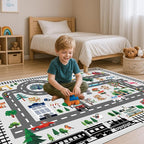 Kids Playroom Rug, Non Slip Washable Area Rug, City Road Car Track Carpet - Image 2