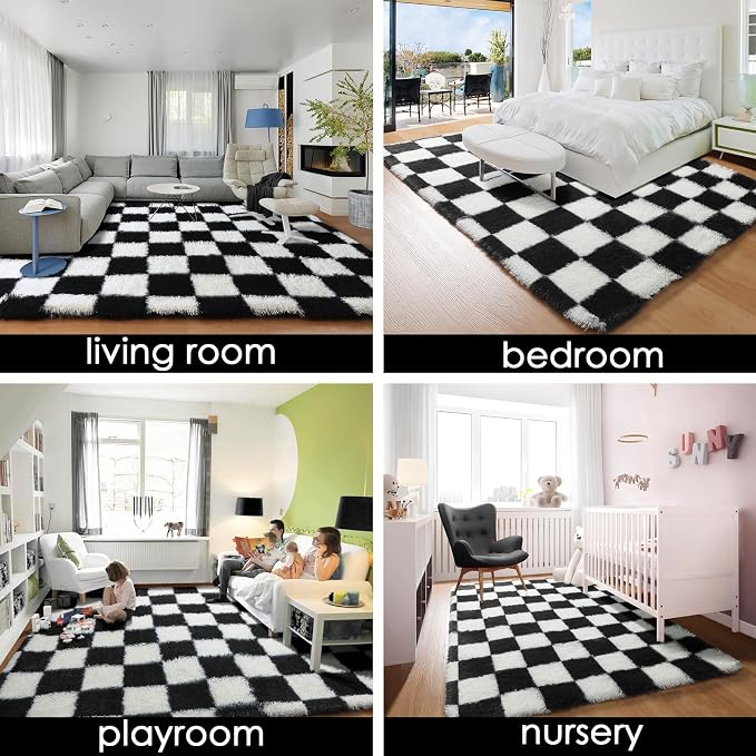 KICMOR Rugs for Living Room, 5x8 Area Rug Black and White Fluffy Shag Soft - Image 7