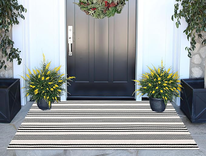 Black and White Striped Outdoor Rug 24'' x 51''Farmhouse Front Porch Rug - Image 5