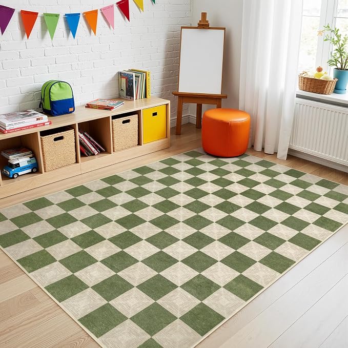 Washable Green Checkered Rug 5x7, Non-Slip Low Pile Area Rug - Image 4