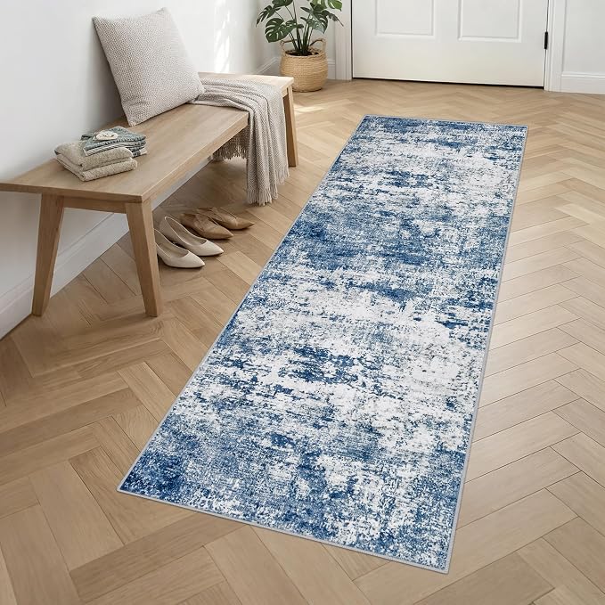 2.6'x10' Runner Rug Washable Rug: Modern Abstract Soft Thin Runner Rug Blue - Image 3