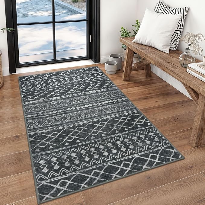 KUTA 3x5 Entryway Rug, Dark Grey Beige Non-Slip Washable Low-Pile Boho Moroccan by KUTA
