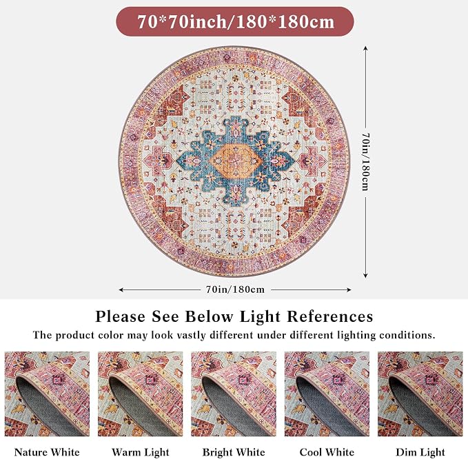 Moynesa Ultra-Thin Washable Round Rug - 6ft Pink Large Living Room Circle Area - Image 2