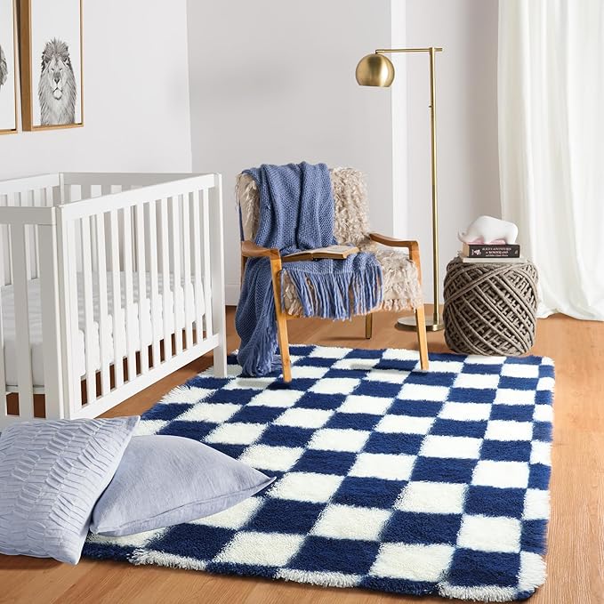 KICMOR Soft Fluffy Navy Blue and Cream White Area Rug - Image 5