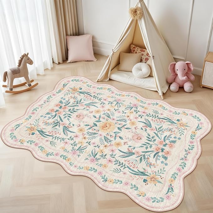 Pink Floral Rug 5X7 for Girls Bedroom or Nursery, Scalloped Washable Non-Slip - Image 3