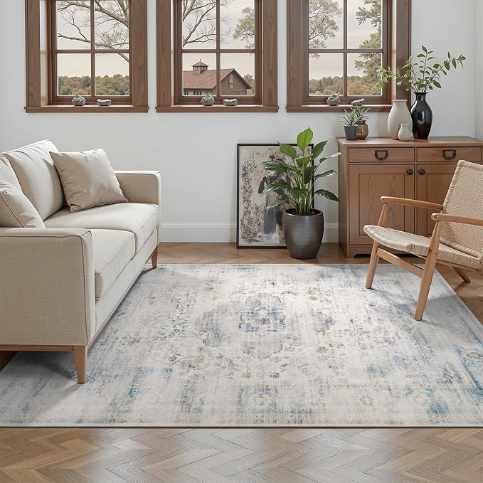 DCX 3x5 Haze Blue Rug, Machine Washable Stain Resistant Distressed Vintage Rug - Image 3