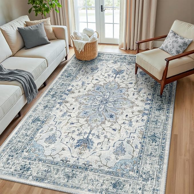 RELEANY Area Rugs 5'x8' Washable Non-Slip, Floral Vintage Distress Medallion by RELEANY