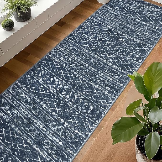 KUTA Moroccan Washable Runner Rug 2.6x18 Non-Slip Vintage Navy Blue Boho - Image 3
