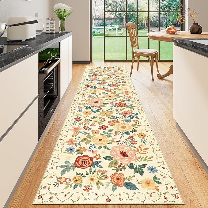 DUKINO Runner Rug for Hallway, 2.6x10 Washable Floral Long Kitchen Rug by DUKINO