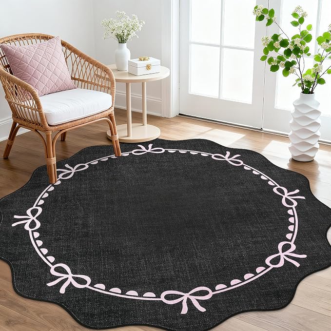 GarveeHome Scalloped Bow Rug for Living Room, 5ft Round Rugs Washable Solid Rug - Image 2