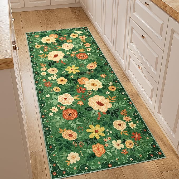 DUKINO 2x5 Runner Rug for Hallway, Washable Kitchen Floral Runner Rug by DUKINO