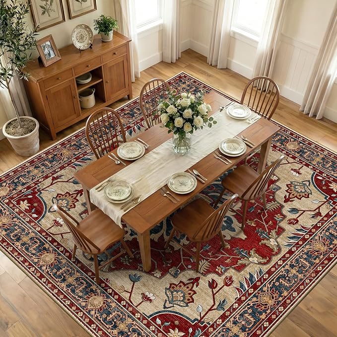 RELEANY Area Rugs Square 10ft Washable Non-Slip, Floral Vintage Distress by RELEANY