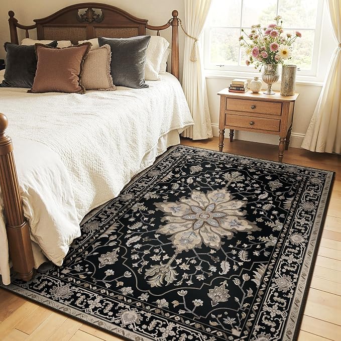 RELEANY Area Rugs 4'x5' Washable Non-Slip, Floral Vintage Distress Medallion by RELEANY