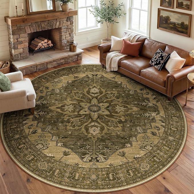 RELEANY Area Rugs Round 8ft Washable Non-Slip, Floral Vintage Distress by RELEANY