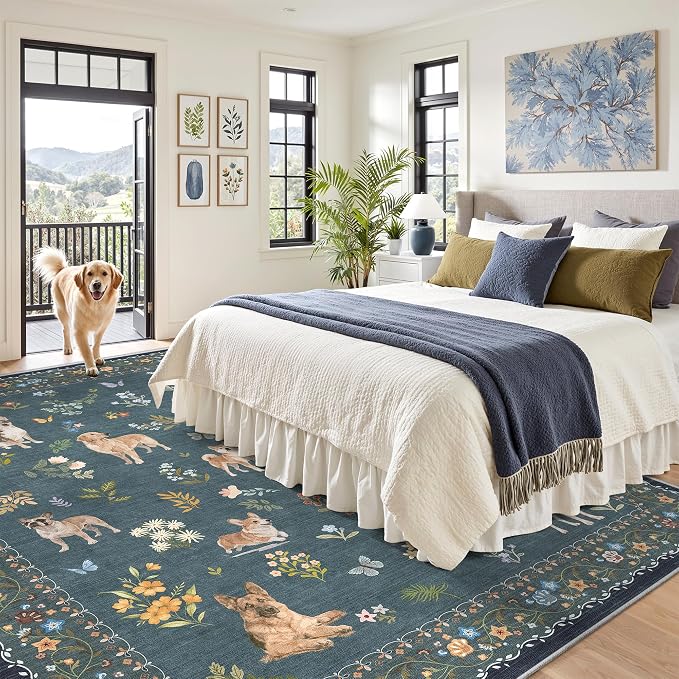 Soalmost Dog 9x12 Area Rugs for Living Room, Machine Washable Animal Floral - Image 3