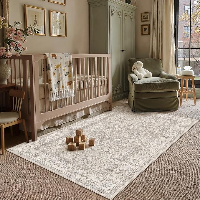 3x5 Washable Vintage Area Rug Beige Oriental Soft Entryway Throw Rug Neutral - Image 3